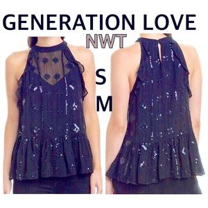NWT GENERATION LOVE Aria peplum tank black sequined embroidered choker stunning